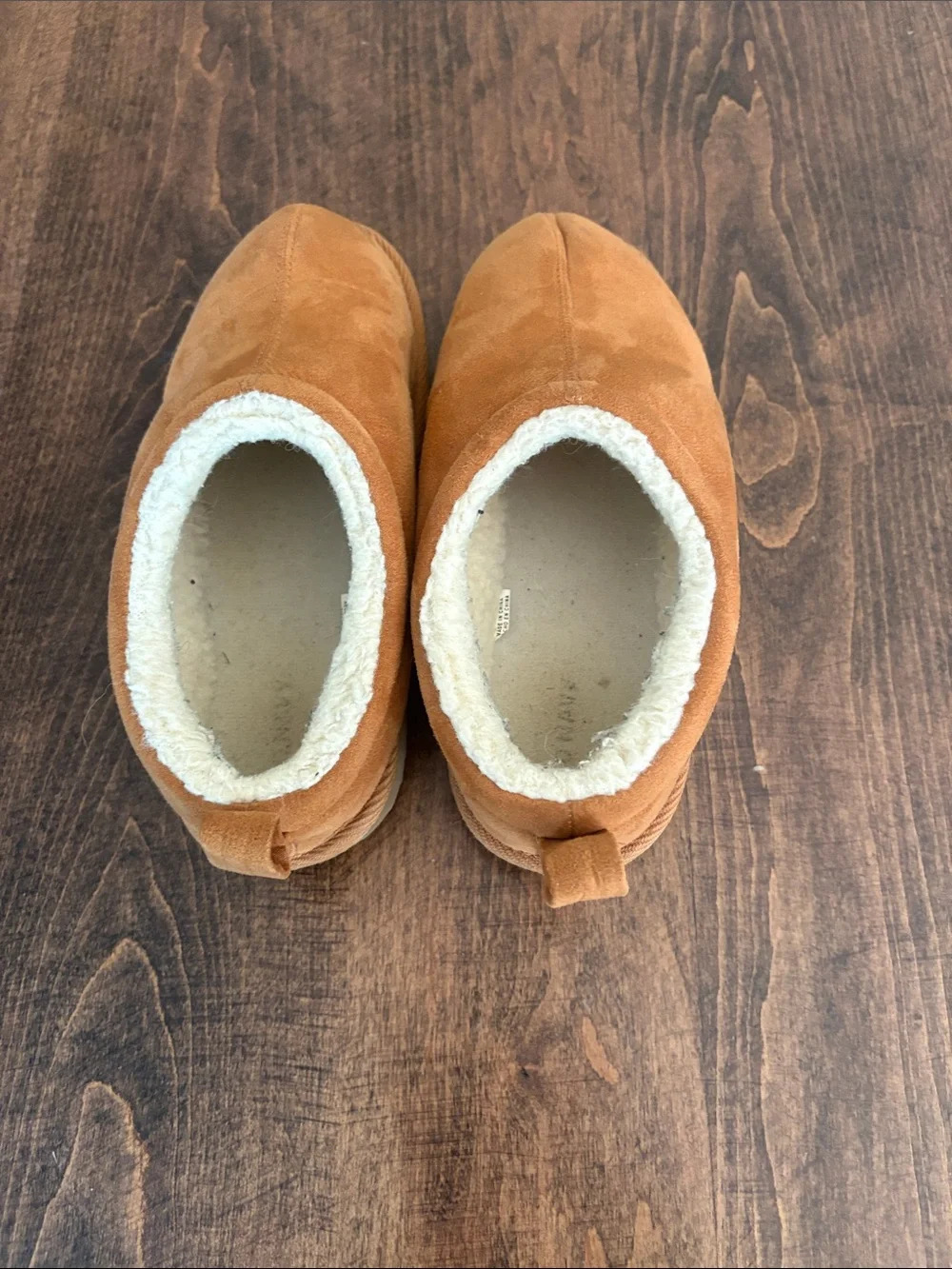 Old Navy Tan Suede-Look Kids Slippers with Cream Fleece Lining
